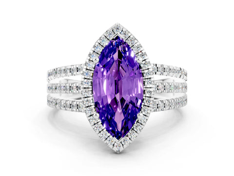 White gold {shape_name} Tanzanite Halo Engagement Ring with Split Shank and Four-Prong Setting