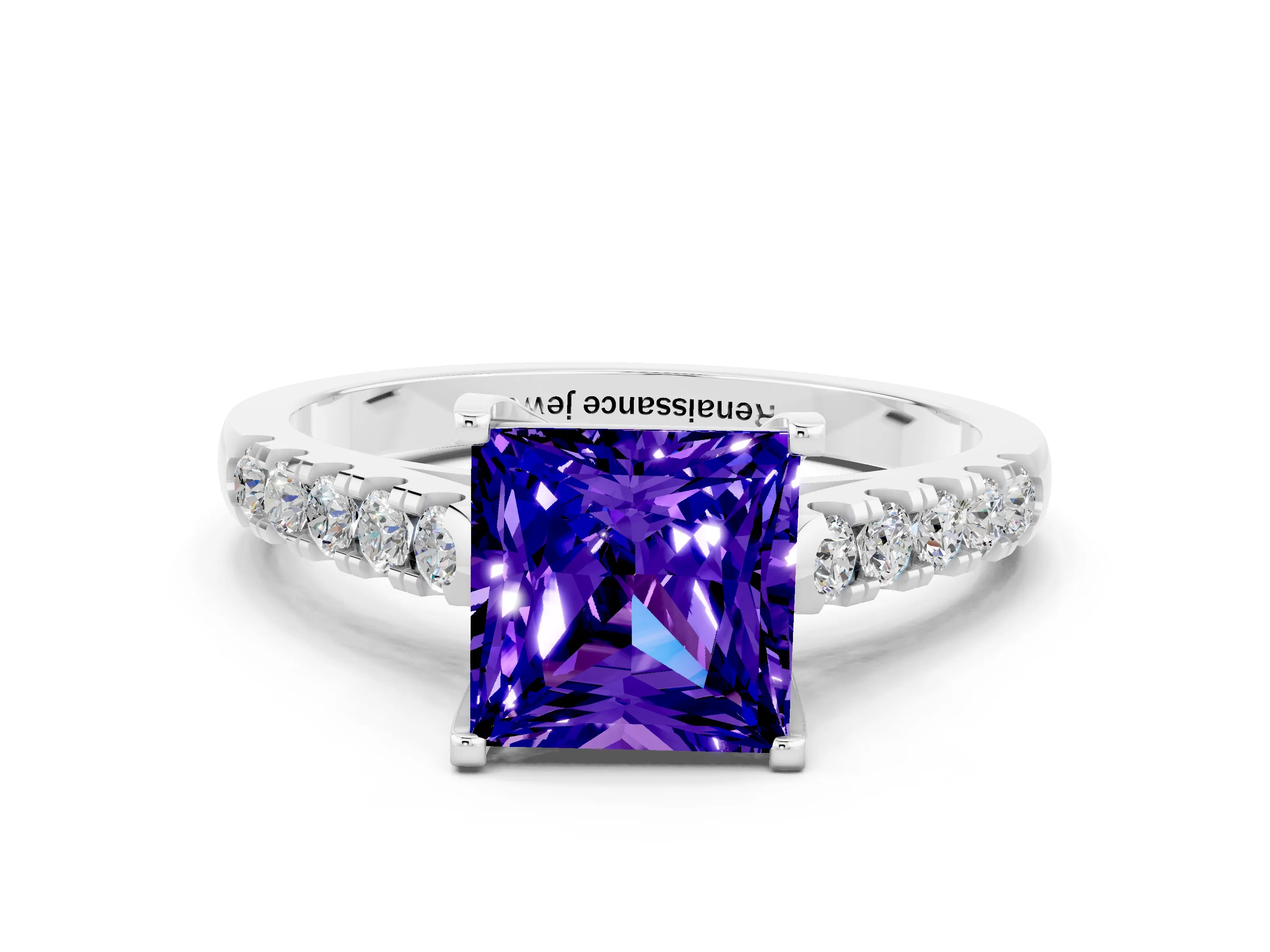 White gold {shape_name} Tanzanite Solitaire Ring with Pavé Band and Four-Prong Setting