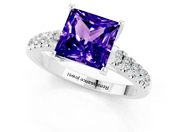 Platinum Princess Cut Tanzanite Pavé Band Solitaire Ring with Prong Setting