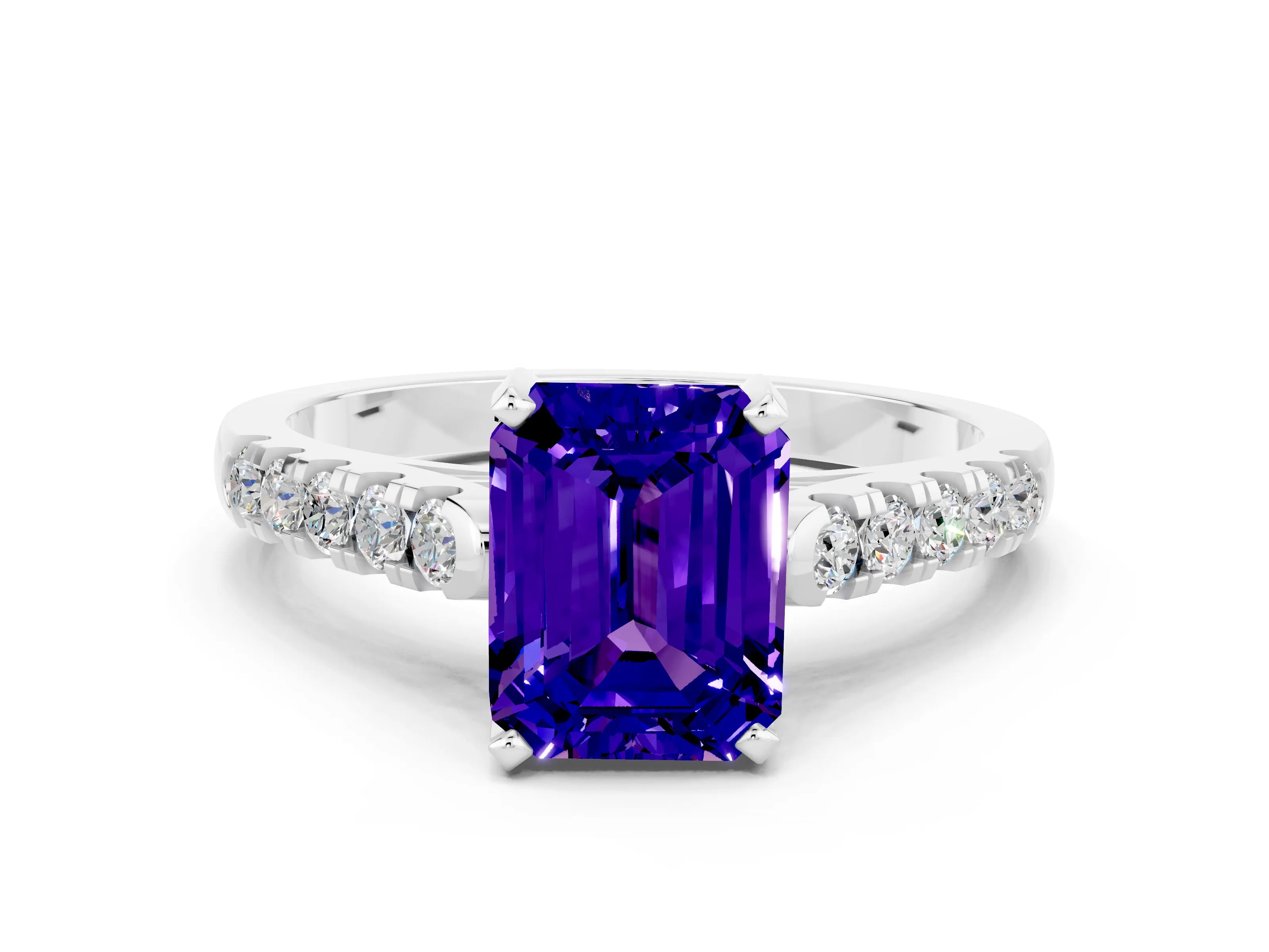 White gold {shape_name} Tanzanite Solitaire Ring with Pavé Band and Four-Prong Setting_12