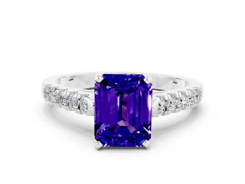 White gold {shape_name} Tanzanite Solitaire Ring with Pavé Band and Four-Prong Setting_12
