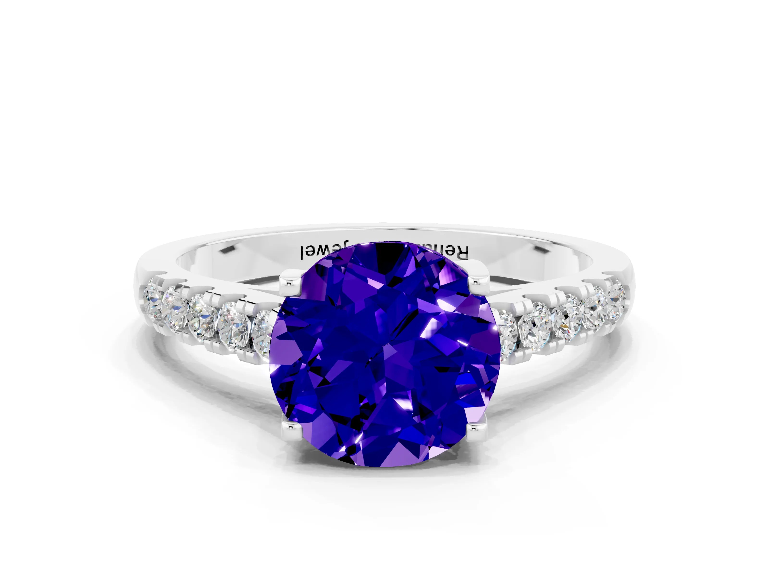 White gold {shape_name} Tanzanite Solitaire Ring with Pavé Band and Four-Prong Setting_12