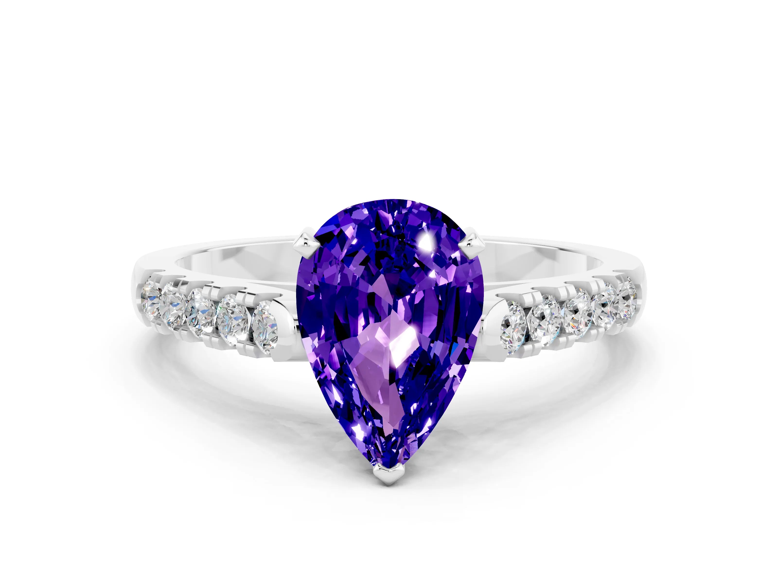 White gold {shape_name} Tanzanite Solitaire Ring with Pavé Band and Four-Prong Setting_12