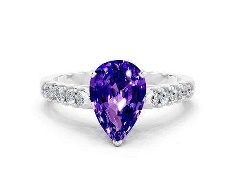 White gold {shape_name} Tanzanite Solitaire Ring with Pavé Band and Four-Prong Setting_12