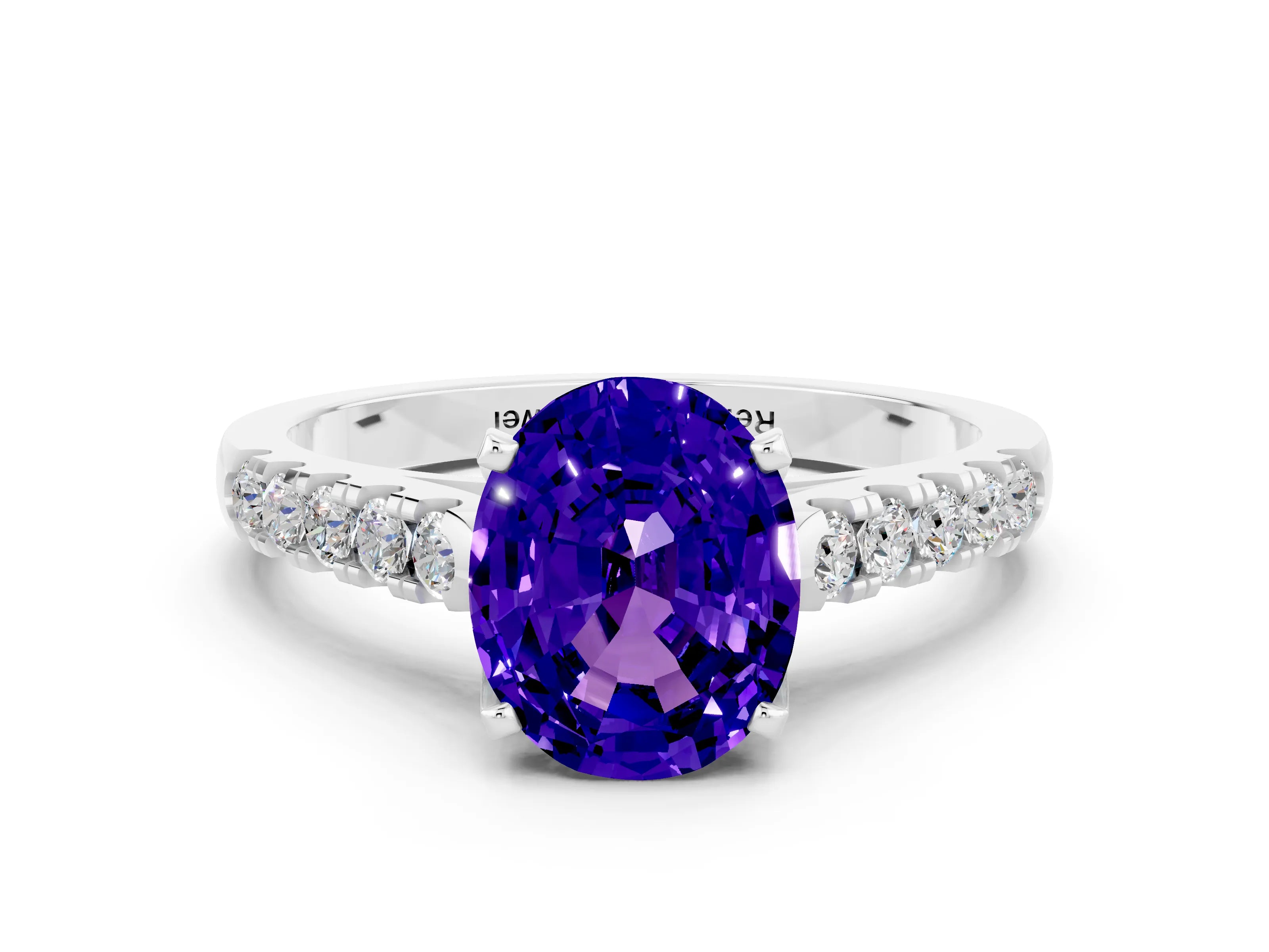White gold {shape_name} Tanzanite Solitaire Ring with Pavé Band and Four-Prong Setting_12