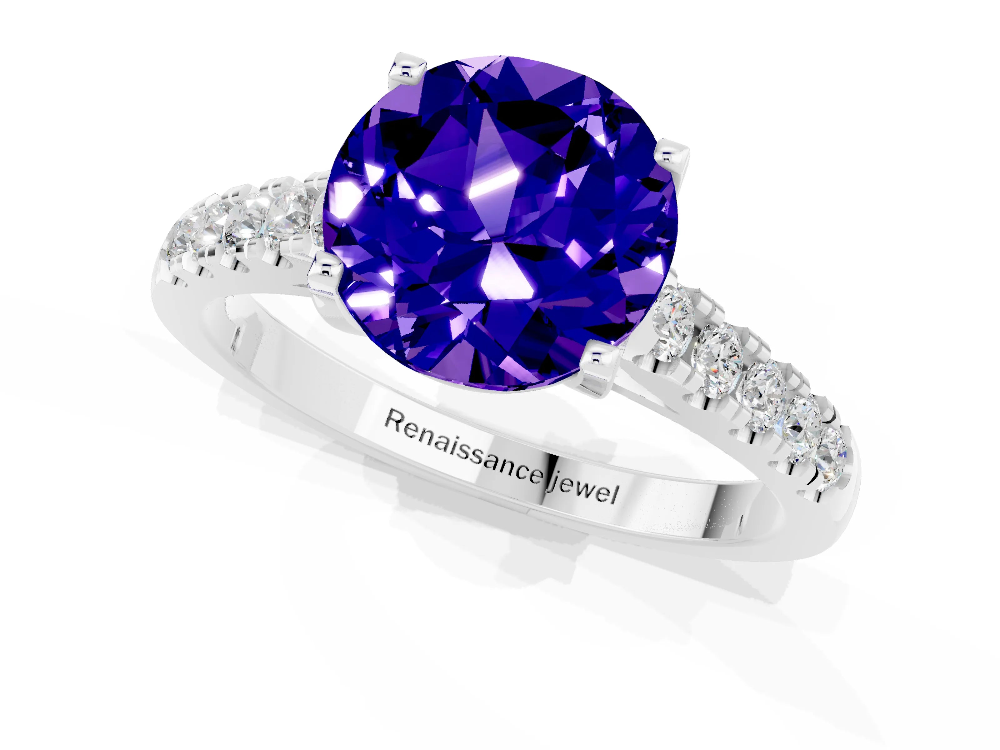 White gold {shape_name} Tanzanite Solitaire Ring with Pavé Band and Four-Prong Setting_13