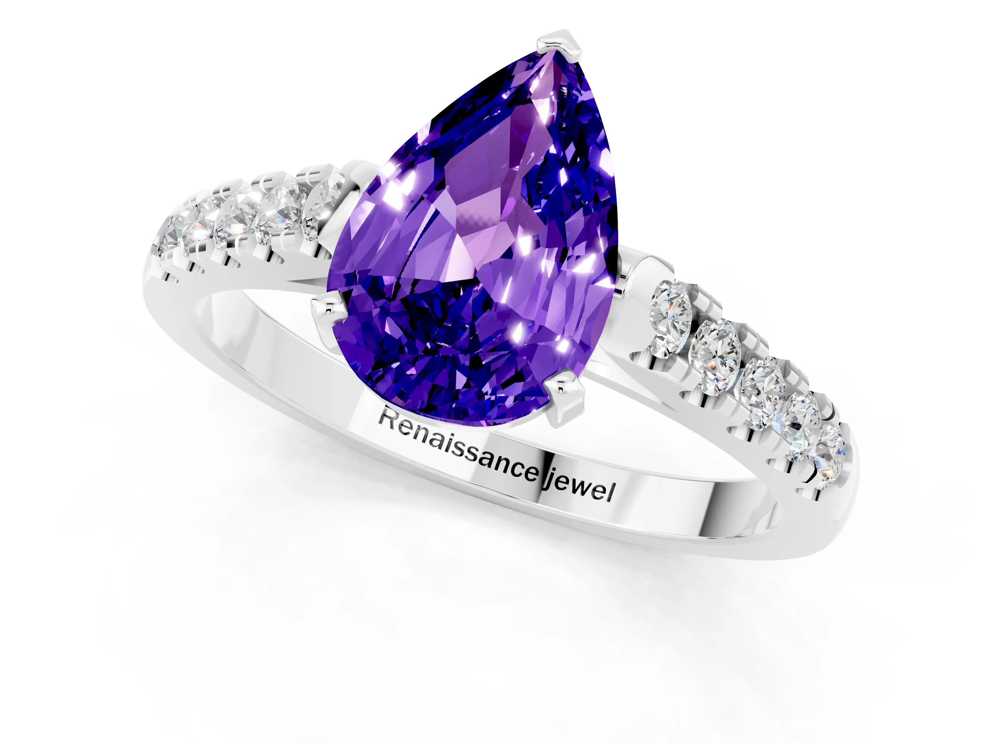 White gold {shape_name} Tanzanite Solitaire Ring with Pavé Band and Four-Prong Setting_13