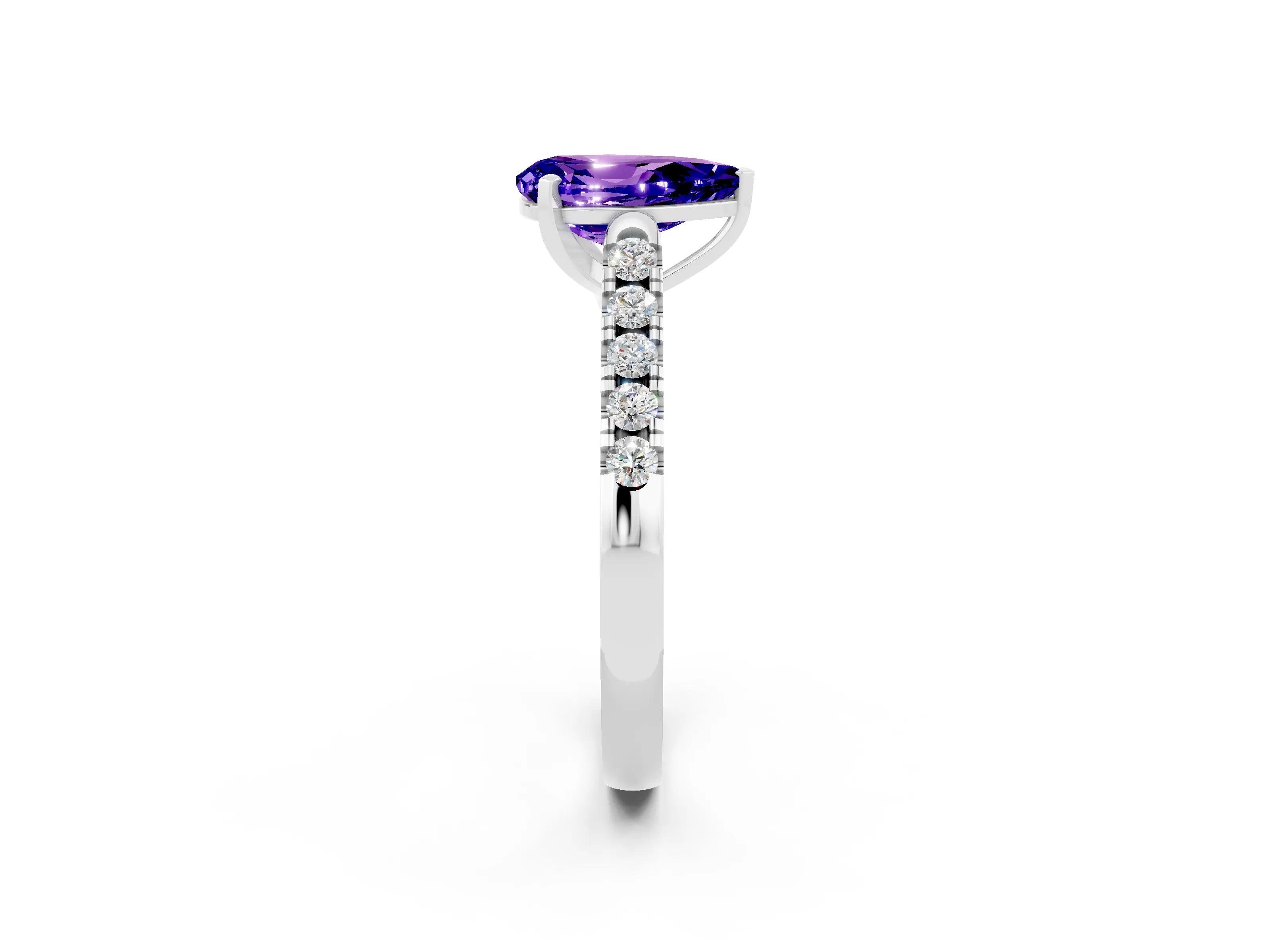 White gold {shape_name} Tanzanite Solitaire Ring with Pavé Band and Four-Prong Setting_14