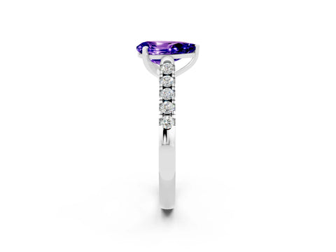 White gold {shape_name} Tanzanite Solitaire Ring with Pavé Band and Four-Prong Setting_14