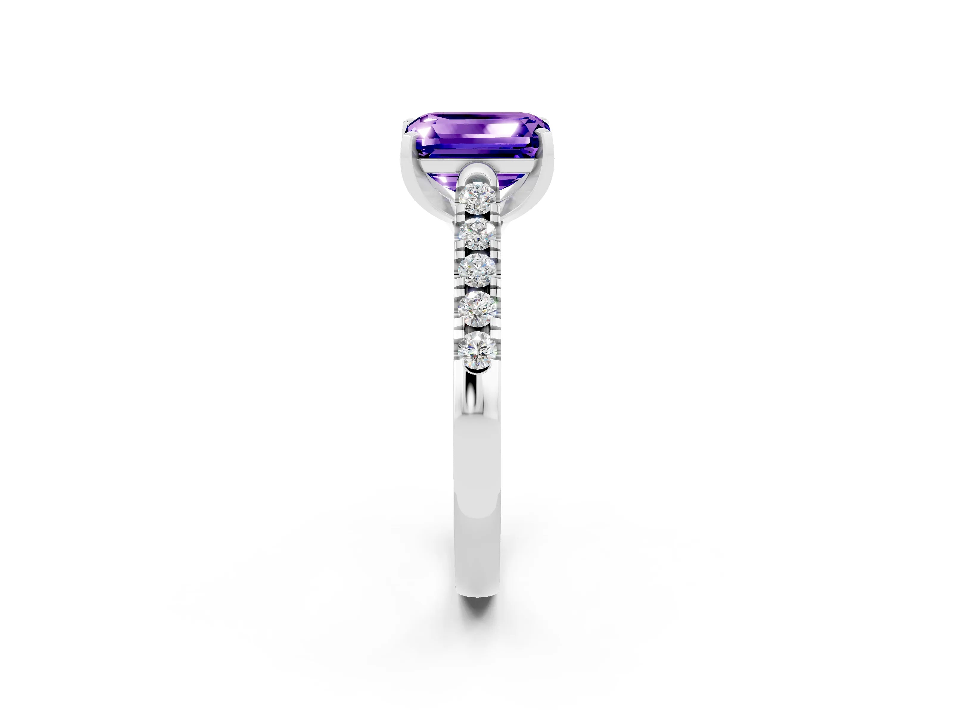 White gold {shape_name} Tanzanite Solitaire Ring with Pavé Band and Four-Prong Setting_14
