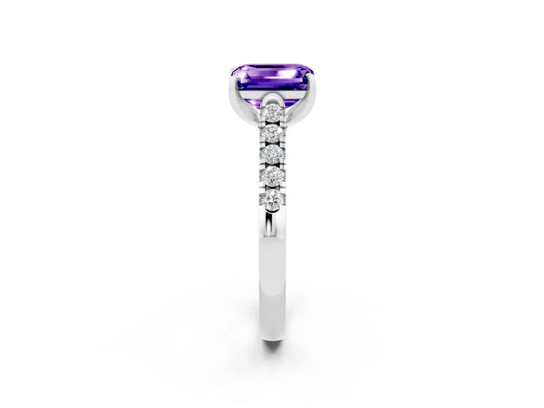 White gold Emerald Cut Tanzanite Pavé Band Solitaire Ring with Prong Setting