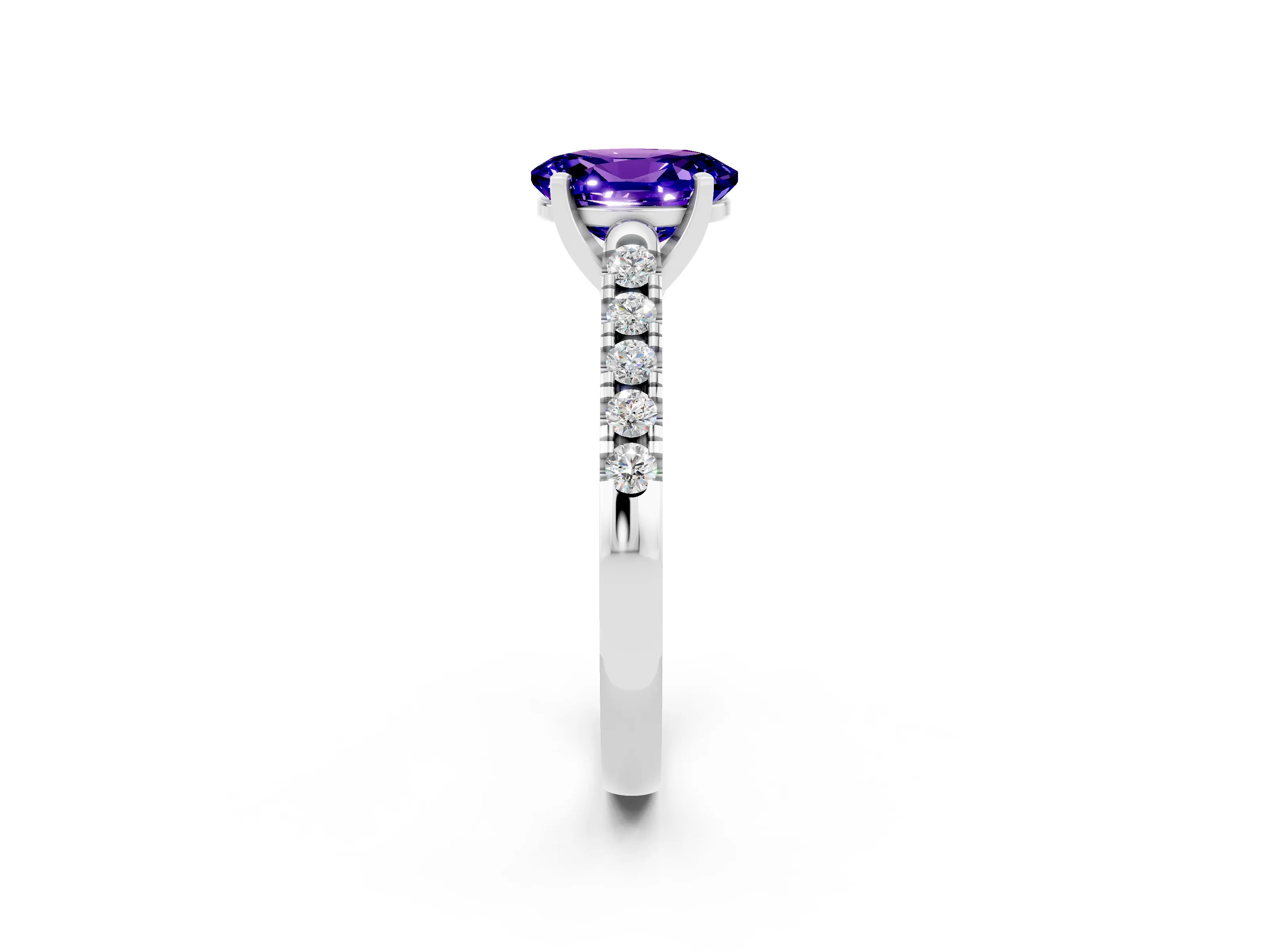 White gold {shape_name} Tanzanite Solitaire Ring with Pavé Band and Four-Prong Setting_14