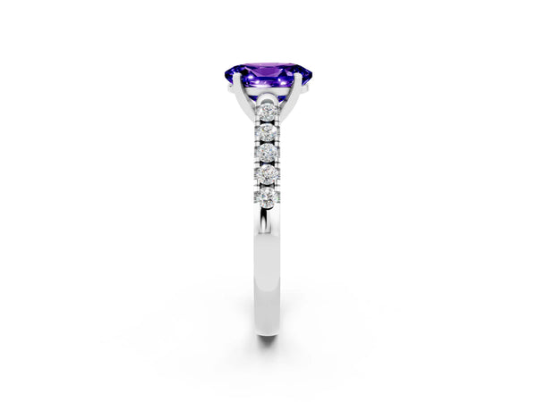 White gold Oval Cut Tanzanite Pavé Band Solitaire Ring with Prong Setting