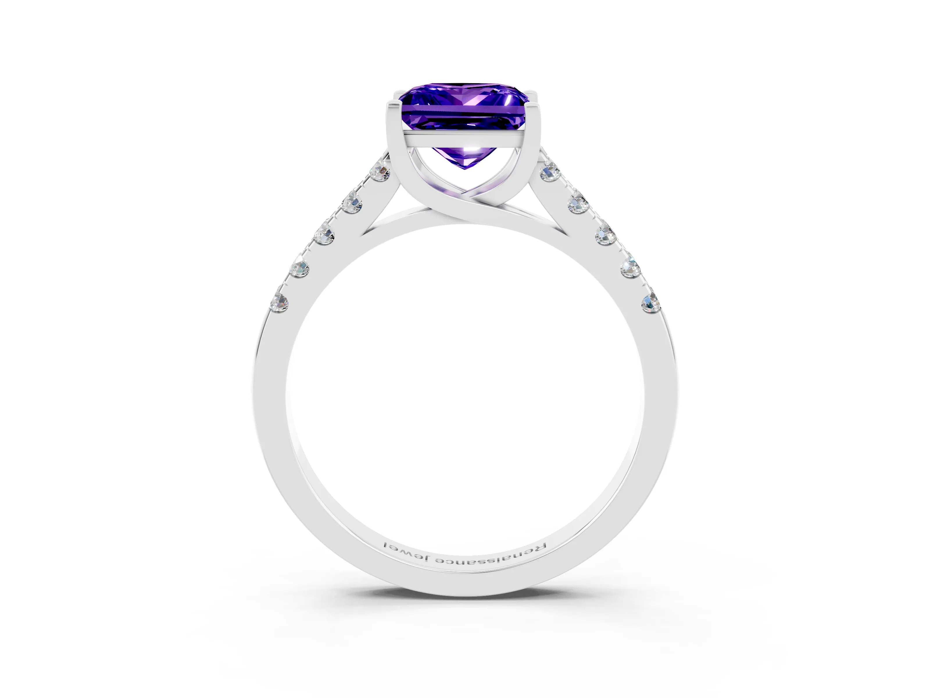 White gold {shape_name} Tanzanite Solitaire Ring with Pavé Band and Four-Prong Setting_15