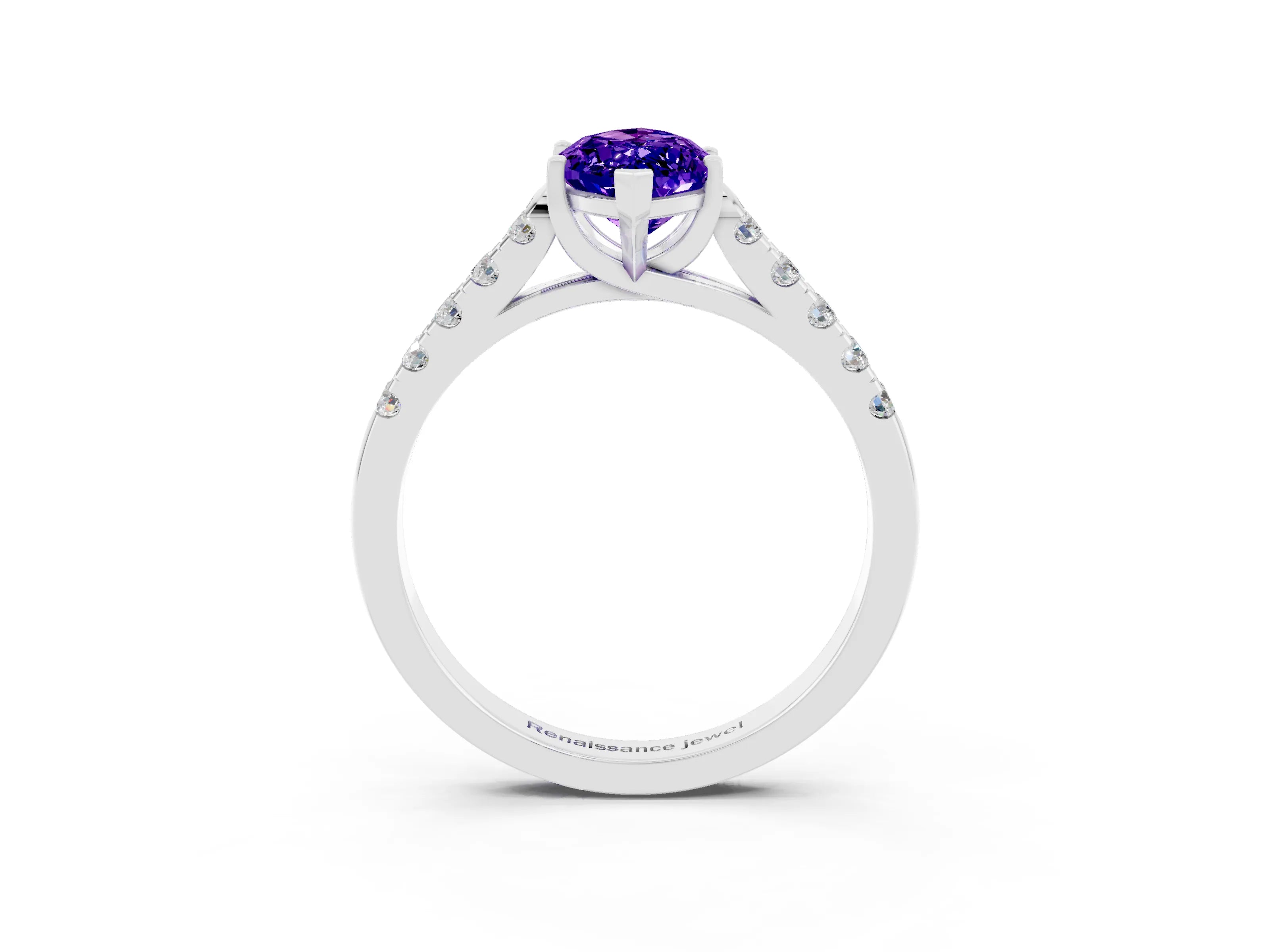 White gold {shape_name} Tanzanite Solitaire Ring with Pavé Band and Four-Prong Setting_15