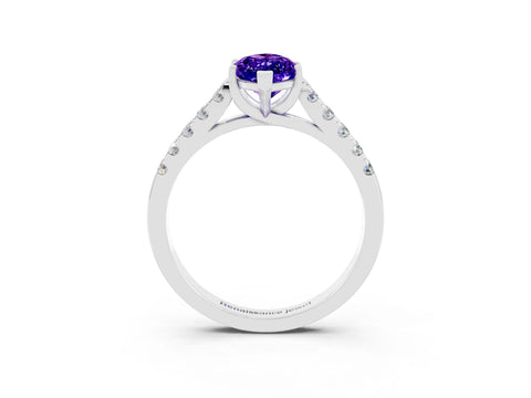 White gold {shape_name} Tanzanite Solitaire Ring with Pavé Band and Four-Prong Setting_15