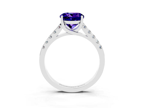 White gold {shape_name} Tanzanite Solitaire Ring with Pavé Band and Four-Prong Setting_15