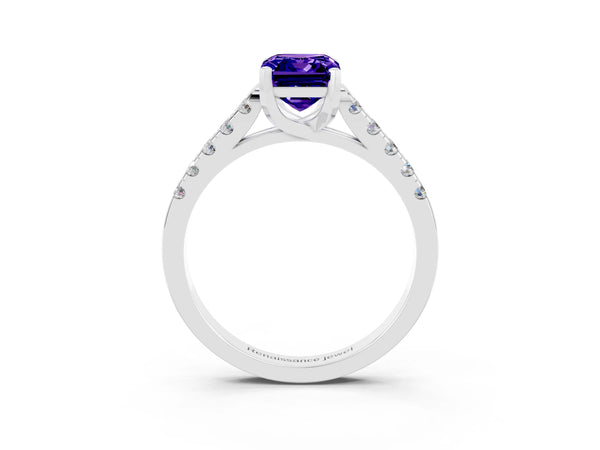 White gold Emerald Cut Tanzanite Pavé Band Solitaire Ring with Prong Setting