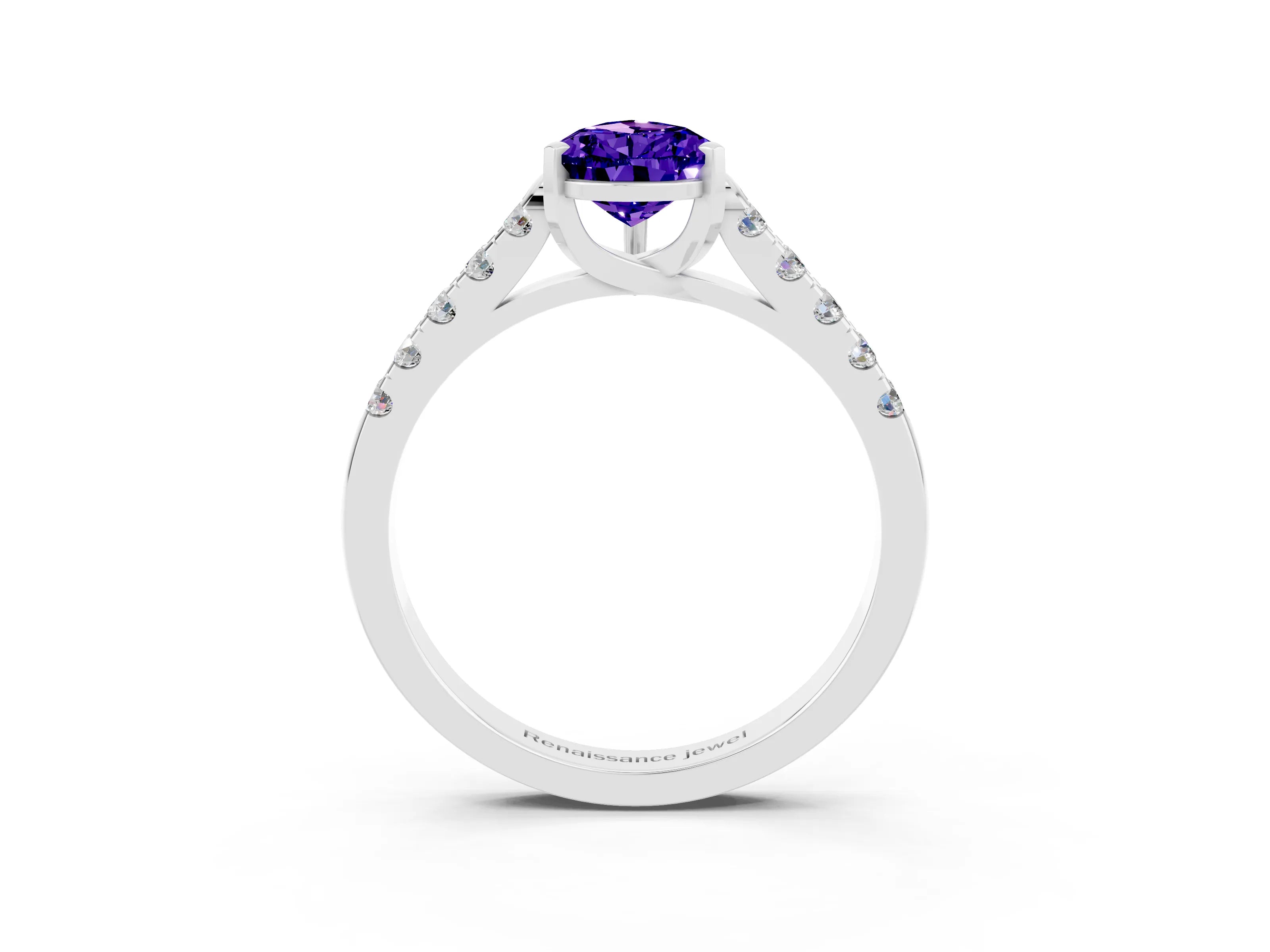 White gold {shape_name} Tanzanite Solitaire Ring with Pavé Band and Four-Prong Setting_15