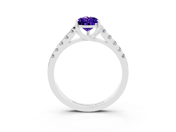 White gold Pear Cut Tanzanite Pavé Band Solitaire Ring with Prong Setting