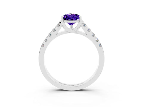 White gold {shape_name} Tanzanite Solitaire Ring with Pavé Band and Four-Prong Setting_15
