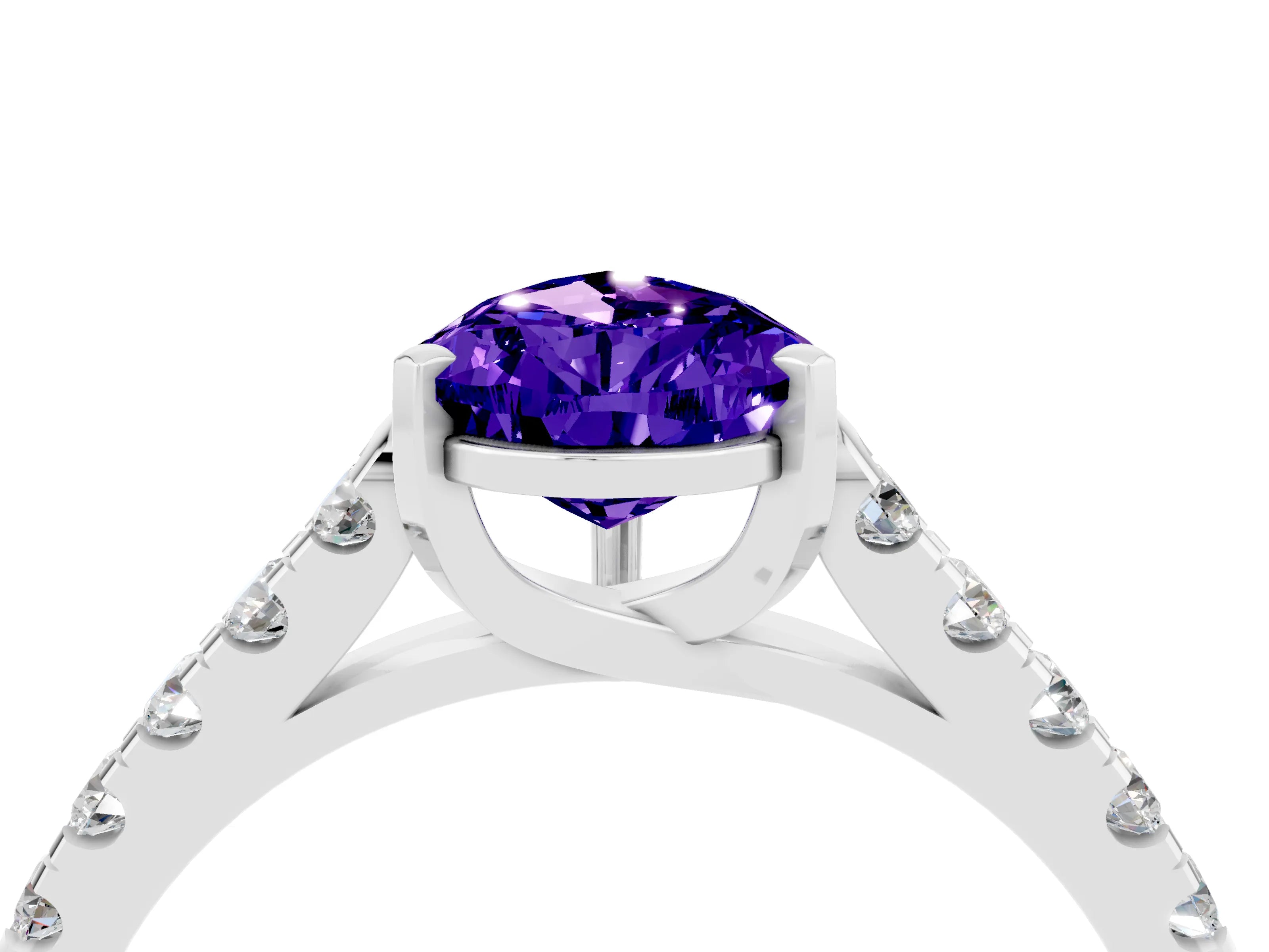 White gold {shape_name} Tanzanite Solitaire Ring with Pavé Band and Four-Prong Setting_16