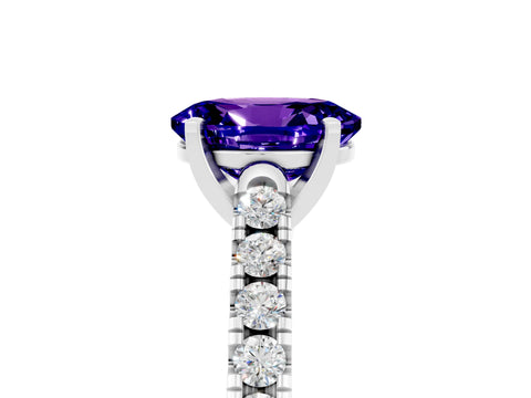 White gold {shape_name} Tanzanite Solitaire Ring with Pavé Band and Four-Prong Setting_17