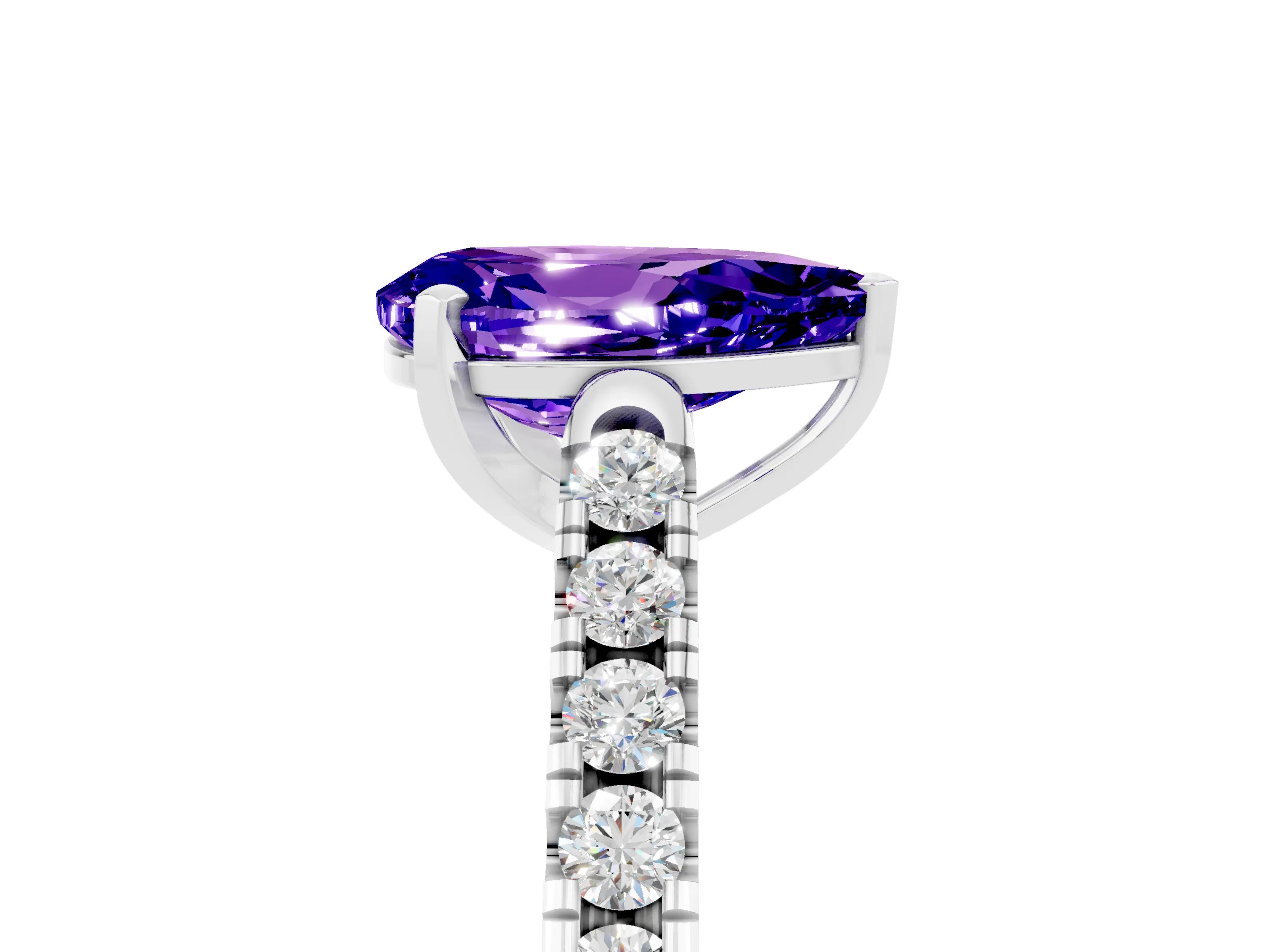 White gold {shape_name} Tanzanite Solitaire Ring with Pavé Band and Four-Prong Setting_17