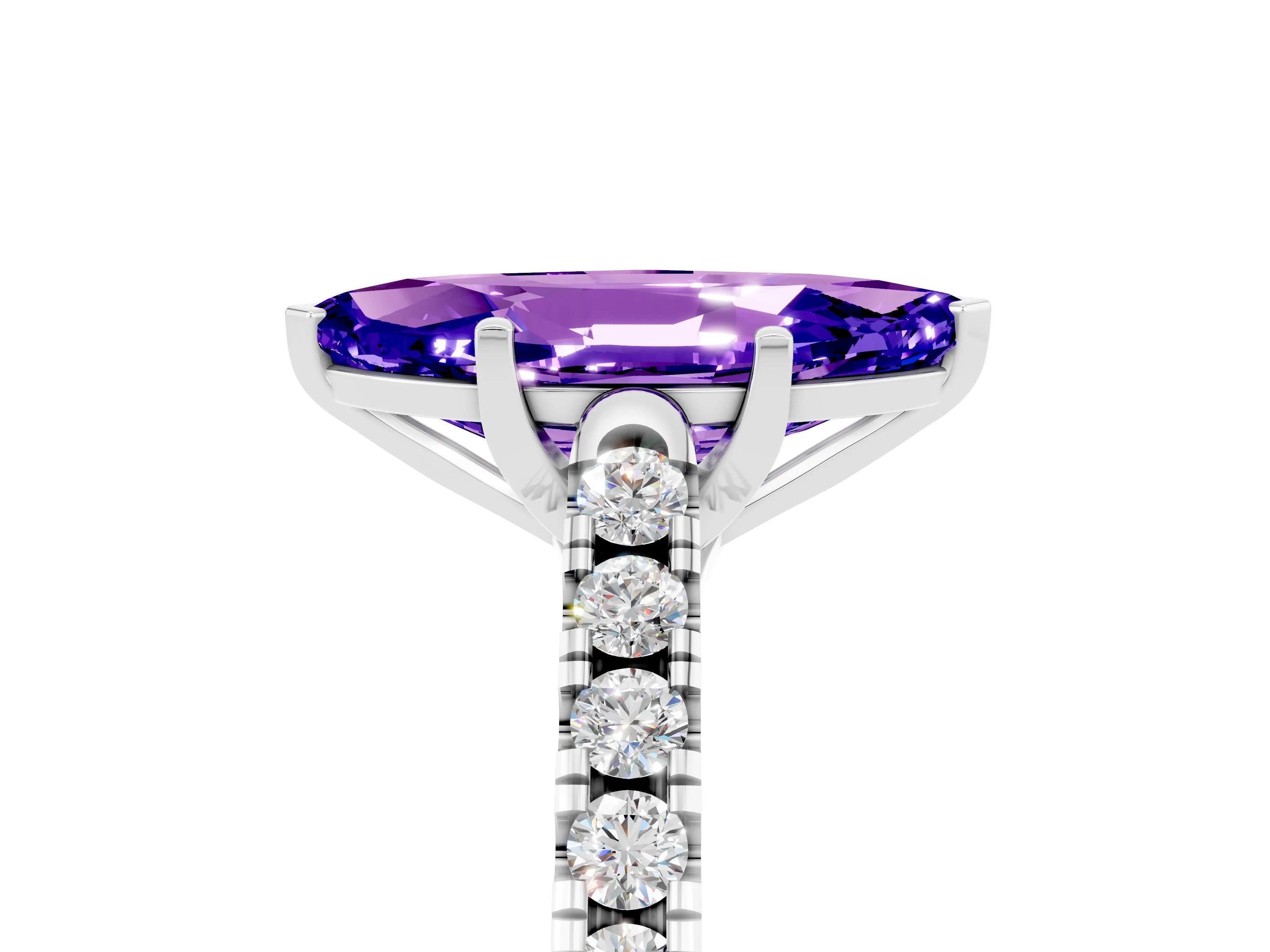 White gold {shape_name} Tanzanite Solitaire Ring with Pavé Band and Four-Prong Setting_17