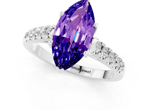 White gold {shape_name} Tanzanite Solitaire Ring with Pavé Band and Four-Prong Setting_1