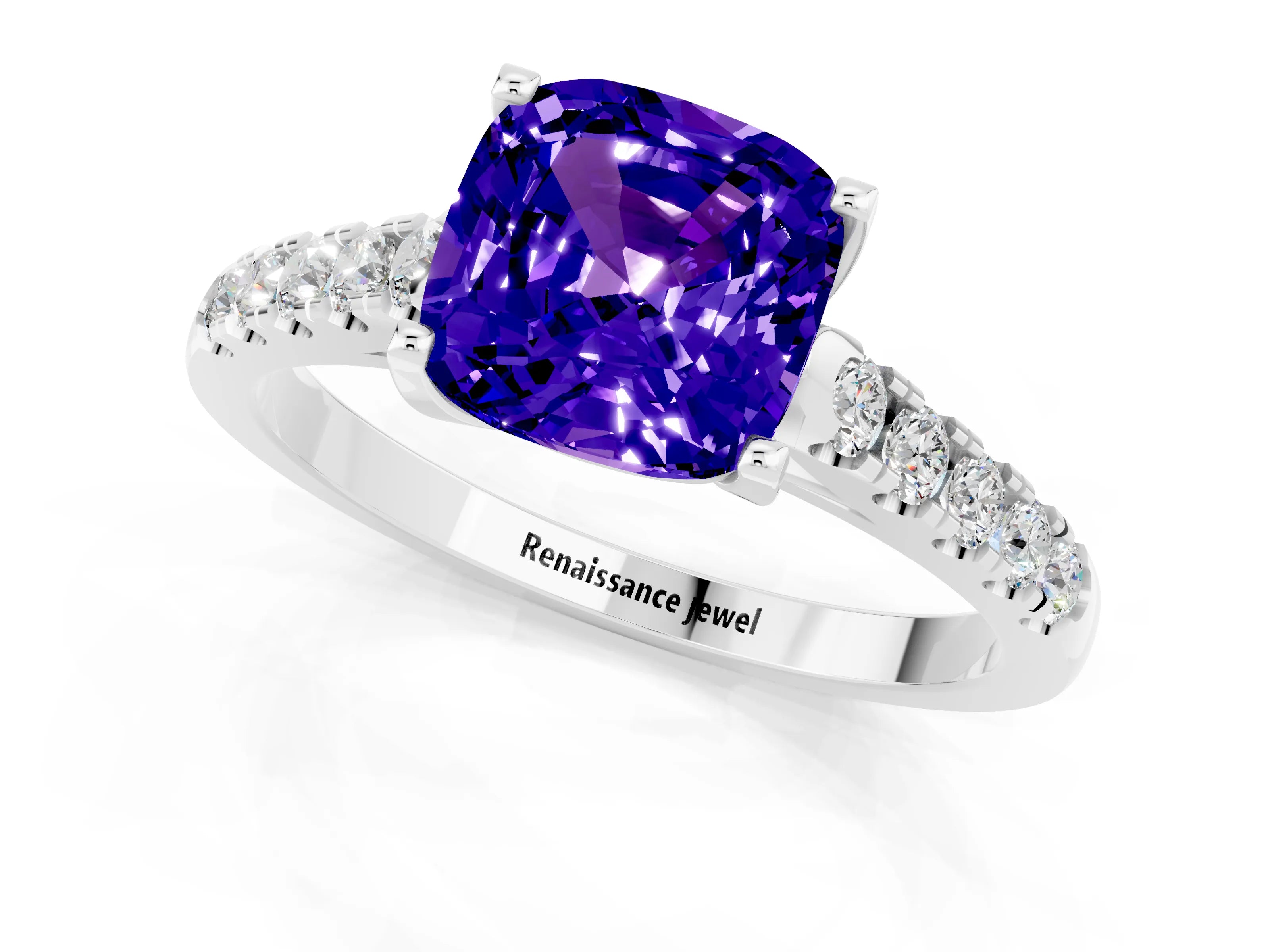 White gold {shape_name} Tanzanite Solitaire Ring with Pavé Band and Four-Prong Setting_1