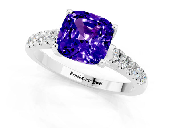 Platinum Cushion Cut Tanzanite Pavé Band Solitaire Ring with Prong Setting