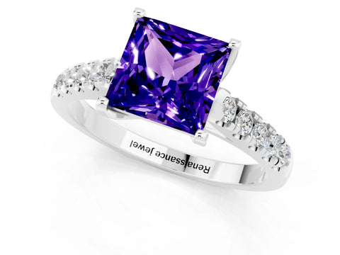 White gold {shape_name} Tanzanite Solitaire Ring with Pavé Band and Four-Prong Setting_1