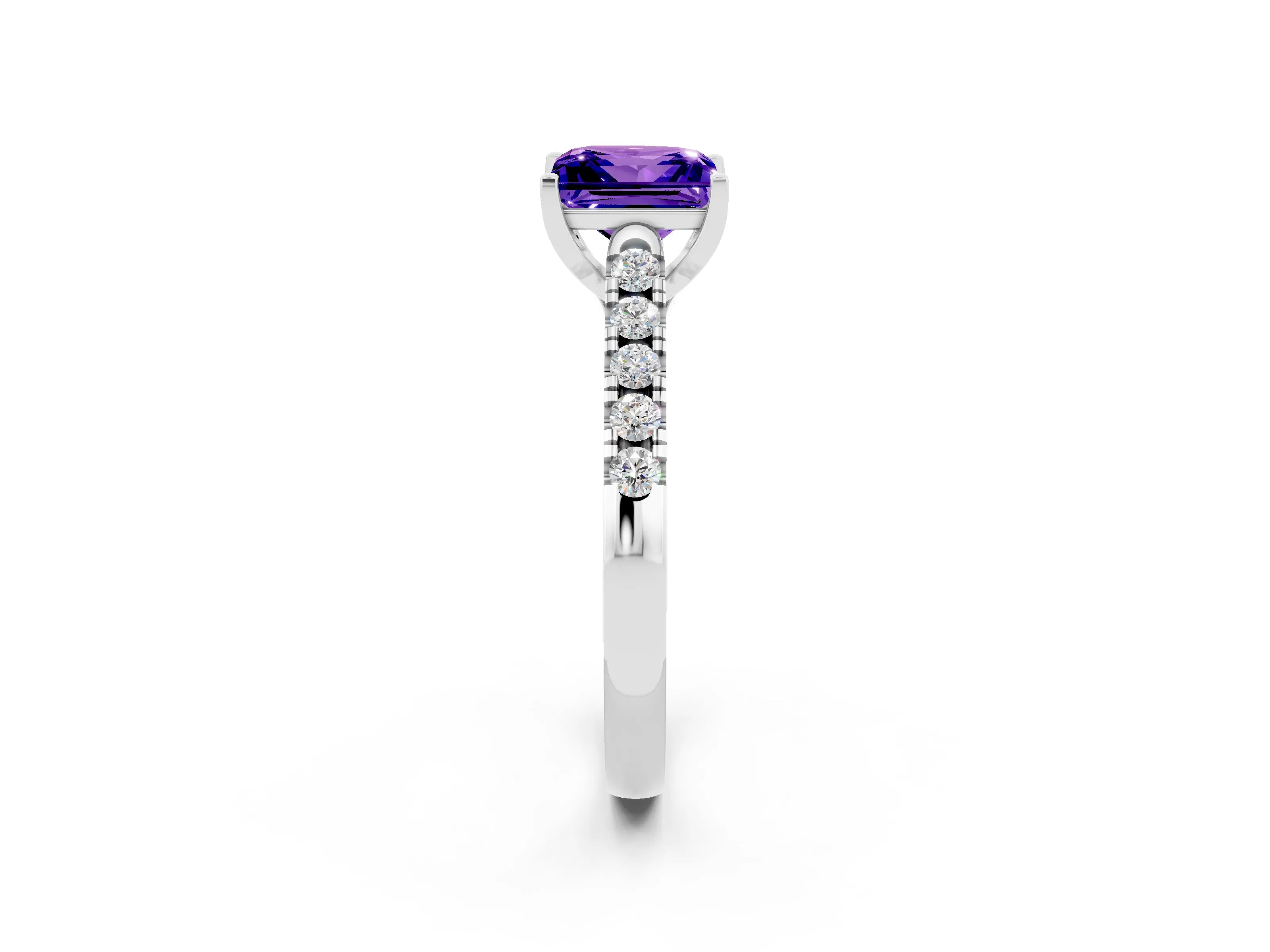 White gold {shape_name} Tanzanite Solitaire Ring with Pavé Band and Four-Prong Setting_2