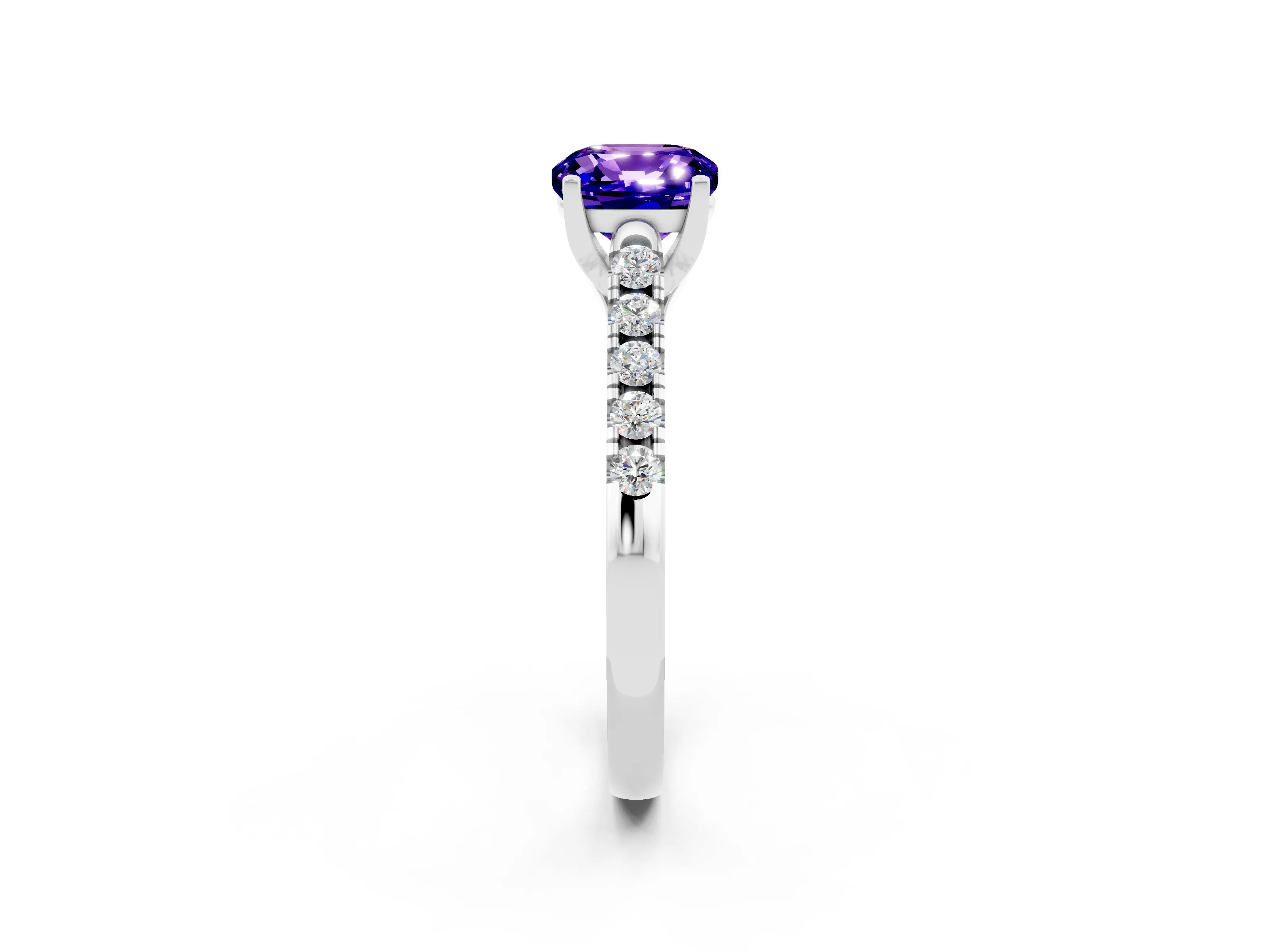 White gold {shape_name} Tanzanite Solitaire Ring with Pavé Band and Four-Prong Setting_2