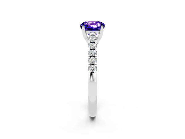 Platinum Cushion Cut Tanzanite Pavé Band Solitaire Ring with Prong Setting
