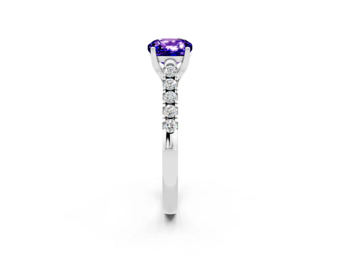 White gold {shape_name} Tanzanite Solitaire Ring with Pavé Band and Four-Prong Setting_2