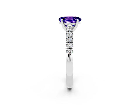 White gold {shape_name} Tanzanite Solitaire Ring with Pavé Band and Four-Prong Setting_2