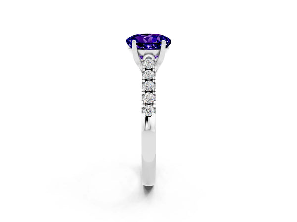 Platinum Round Cut Tanzanite Pavé Band Solitaire Ring with Prong Setting