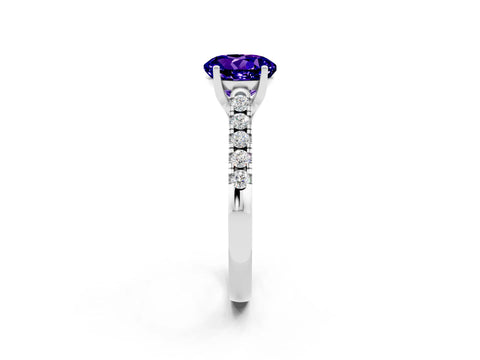 White gold {shape_name} Tanzanite Solitaire Ring with Pavé Band and Four-Prong Setting_2