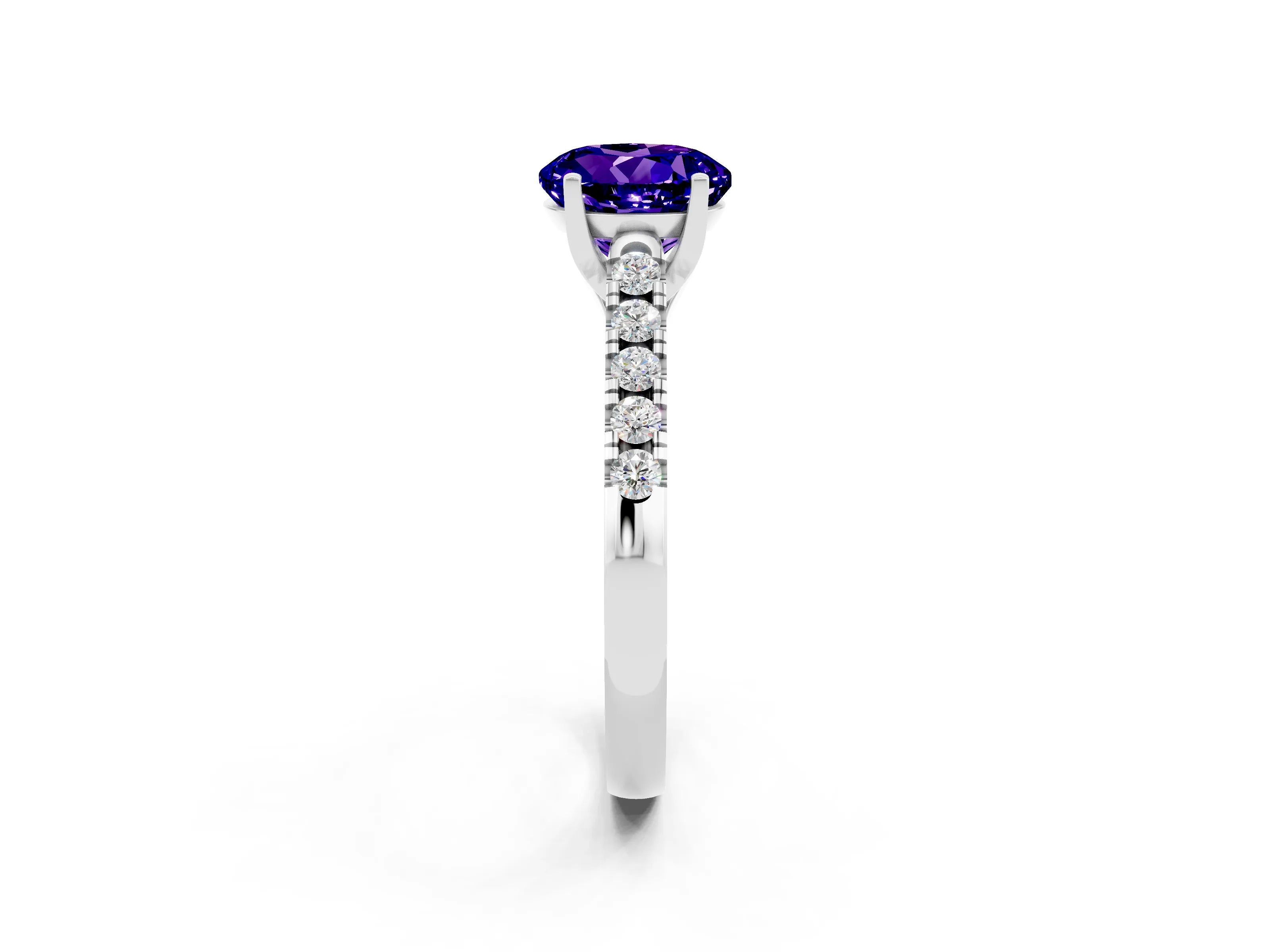 White gold {shape_name} Tanzanite Solitaire Ring with Pavé Band and Four-Prong Setting_2