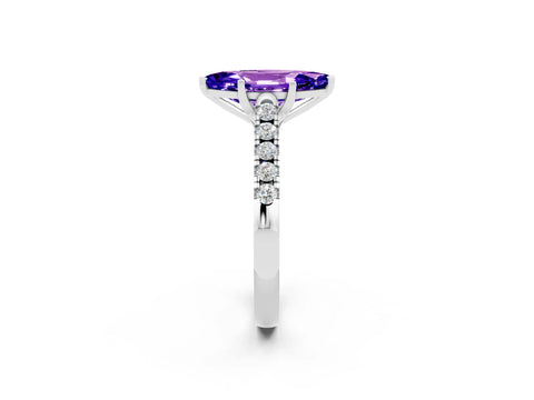 White gold {shape_name} Tanzanite Solitaire Ring with Pavé Band and Four-Prong Setting_2