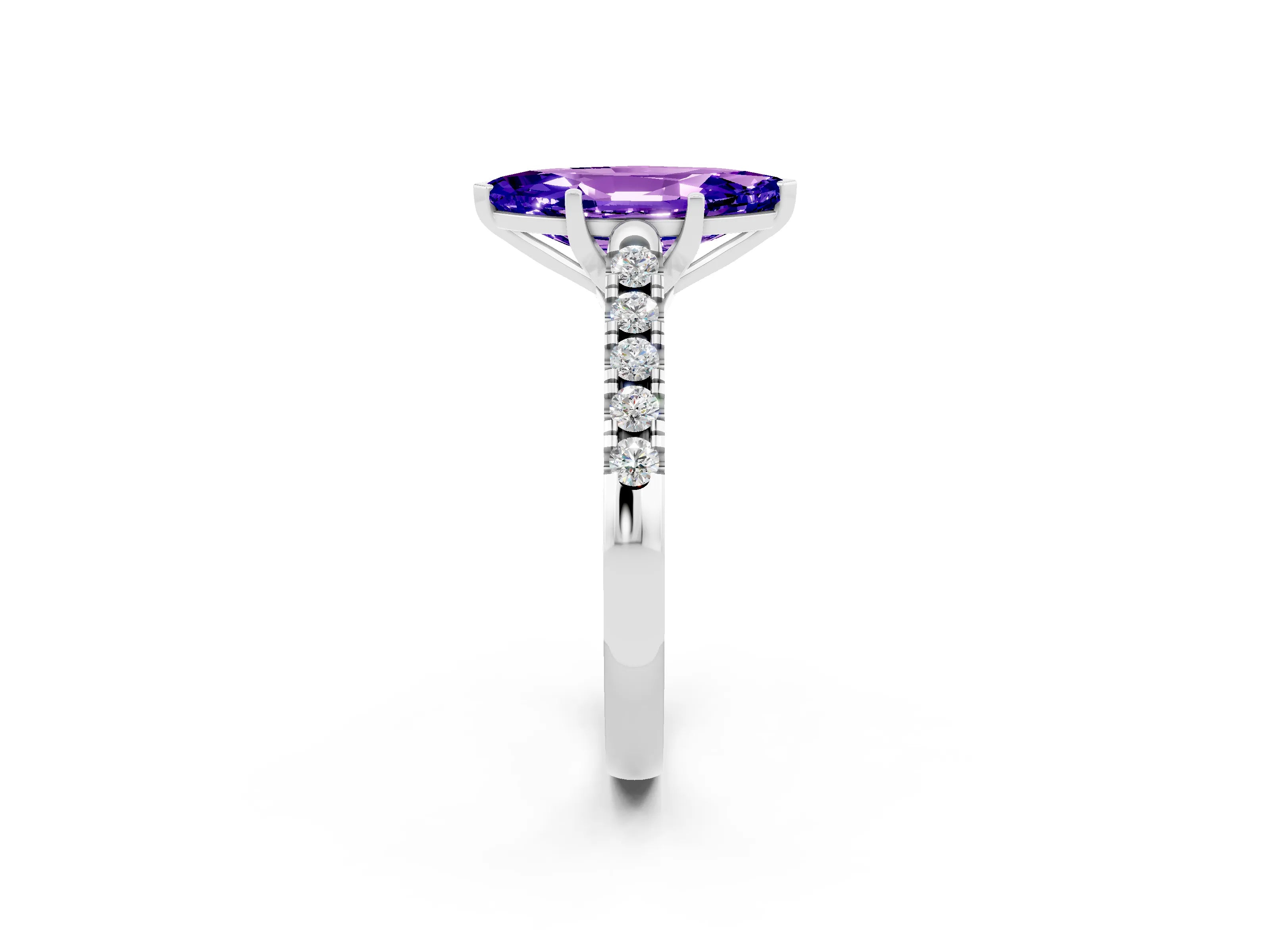 White gold {shape_name} Tanzanite Solitaire Ring with Pavé Band and Four-Prong Setting_2