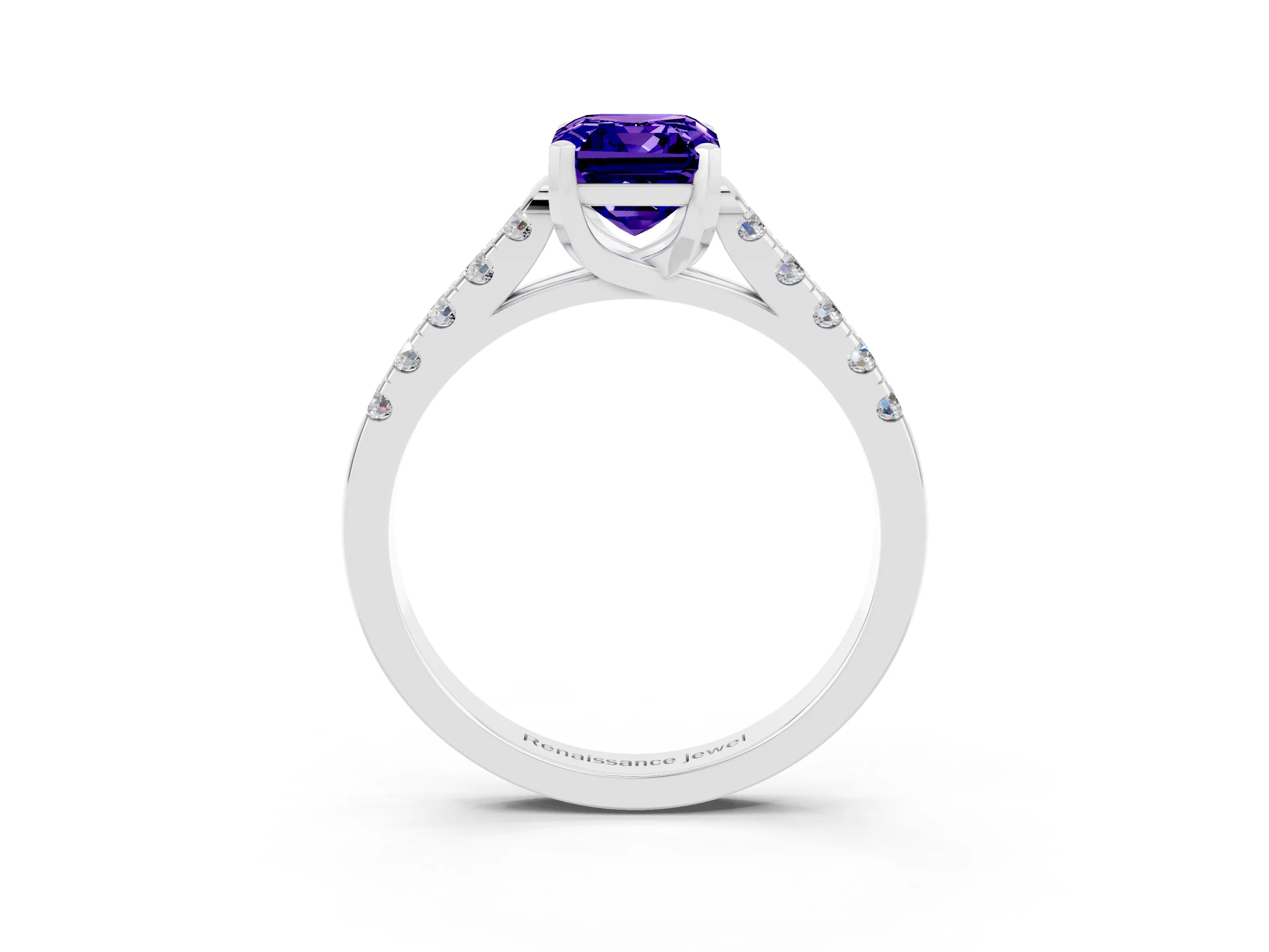 White gold {shape_name} Tanzanite Solitaire Ring with Pavé Band and Four-Prong Setting_3