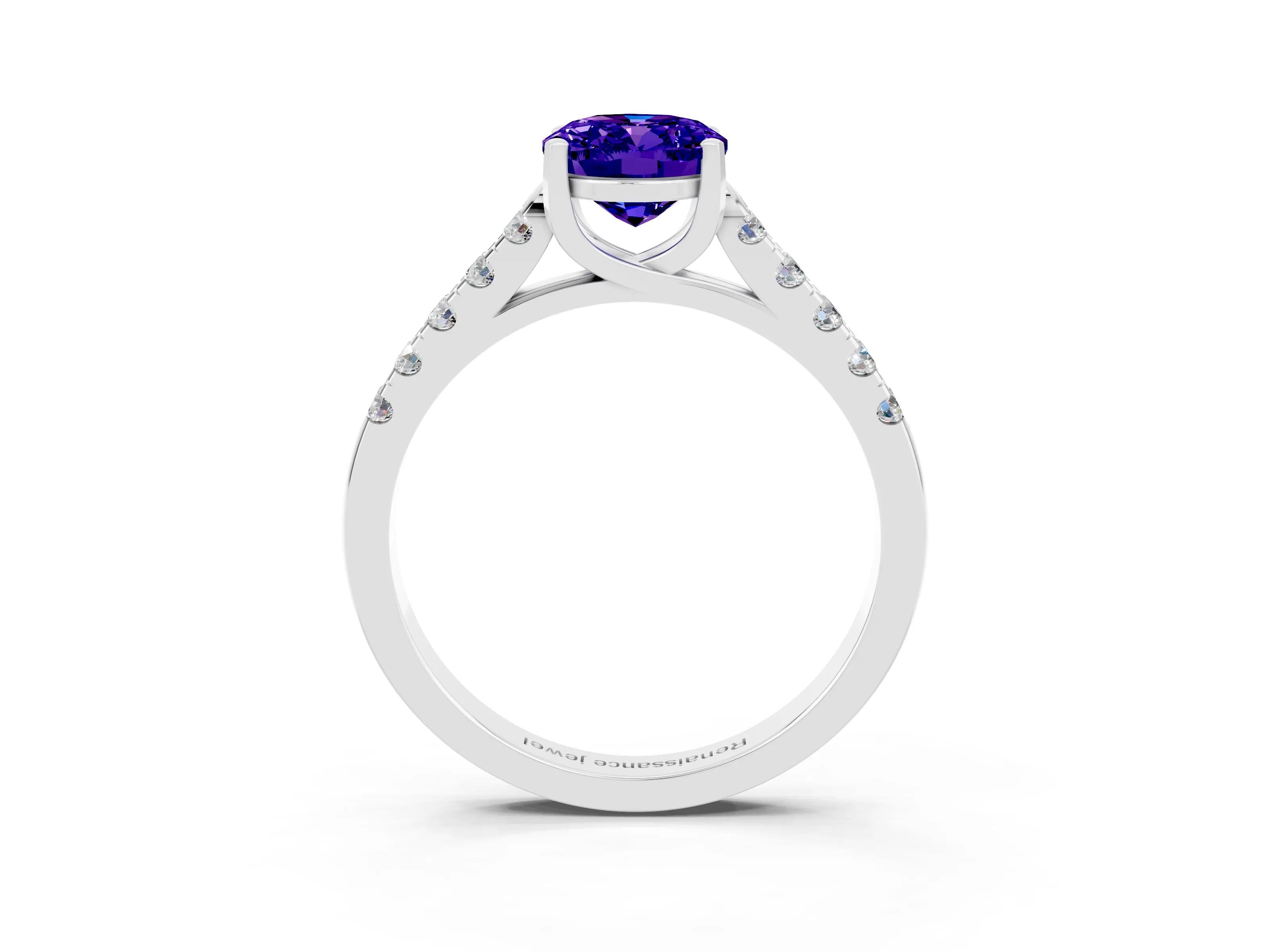 White gold {shape_name} Tanzanite Solitaire Ring with Pavé Band and Four-Prong Setting_3