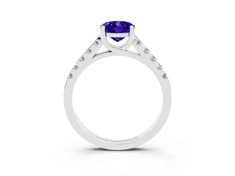 White gold {shape_name} Tanzanite Solitaire Ring with Pavé Band and Four-Prong Setting_3