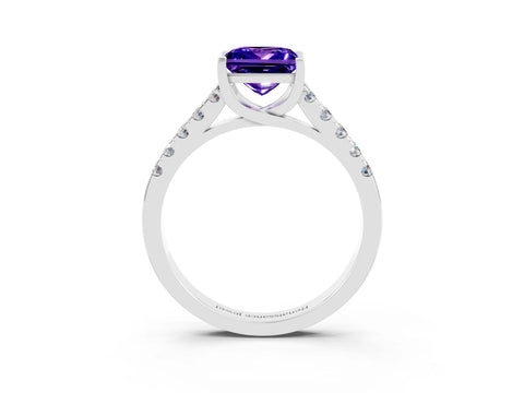 White gold {shape_name} Tanzanite Solitaire Ring with Pavé Band and Four-Prong Setting_3