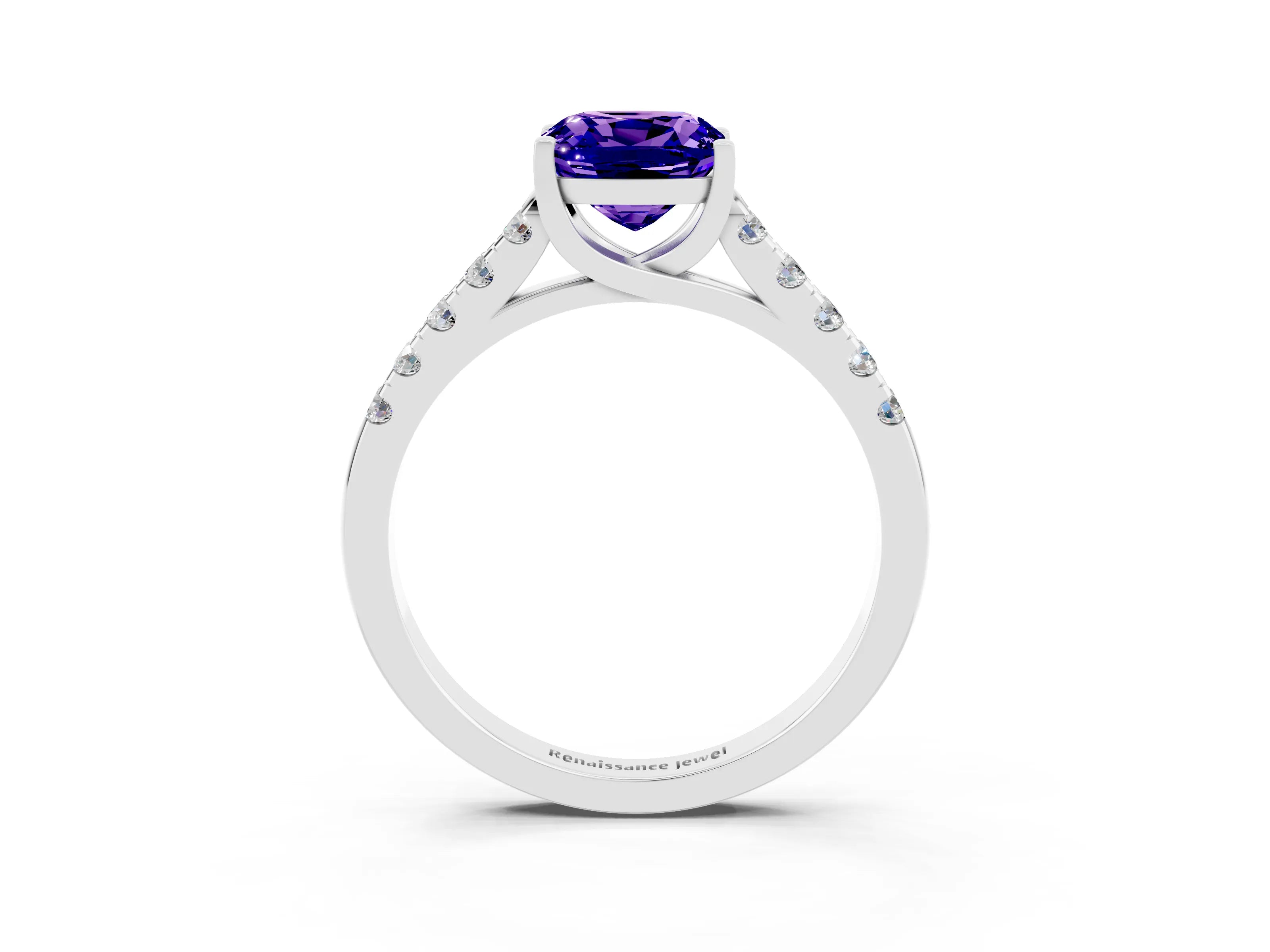 White gold {shape_name} Tanzanite Solitaire Ring with Pavé Band and Four-Prong Setting_3