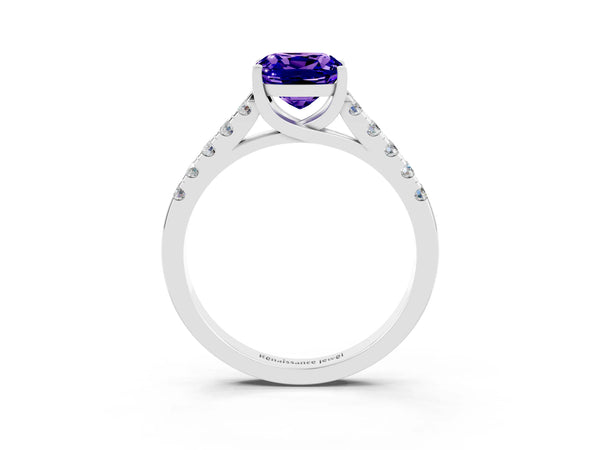 Platinum Cushion Cut Tanzanite Pavé Band Solitaire Ring with Prong Setting