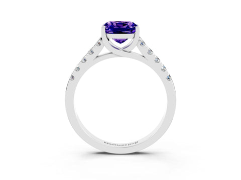 White gold {shape_name} Tanzanite Solitaire Ring with Pavé Band and Four-Prong Setting_3